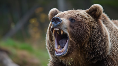 A close-up of a formidable brown bear mid-roar, showing its powerful jaws and sharp teeth, set against a blurred forest background.の素材