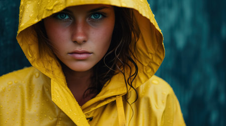 A young girl with striking blue eyes and wet hair peers out from under a yellow raincoat, dotted with fresh raindrops.の素材