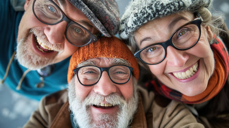 A joyful group of three senior friends, wearing warm winter hats and glasses, huddle together, sharing a moment of laughter.の素材