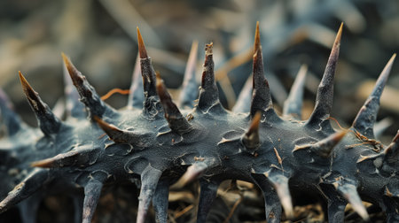 A close-up view of sharp and menacing thorns on a plant, showing nature's defense mechanisms in a wild environment.の素材