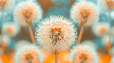 A delicate dandelion seed head stands in sharp focus with its seeds ready to disperse, set against a soft, dreamlike orange and blue backdrop.の素材