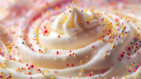 A perfect swirl of creamy white frosting is decorated with a vibrant array of colorful sprinkles, creating a festive dessert topping.の素材
