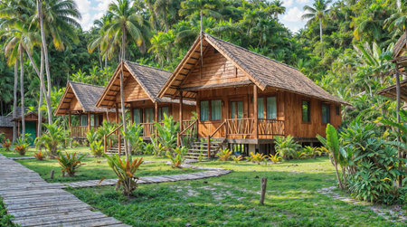 Wooden bungalows with thatched roofs offer a serene retreat amidst lush tropical palms, connected by a winding path in a peaceful clearing.の素材