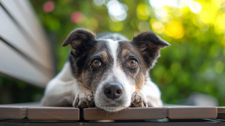 A thoughtful dog with piercing eyes rests its chin on a wooden table, against a backdrop of lush greenery in soft focus.の素材