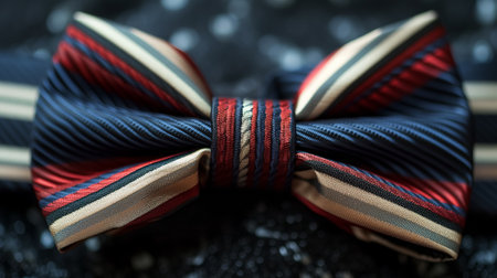 A close-up of an elegant striped bow tie resting on a shimmering black surface, emphasizing its pattern and texture.の素材