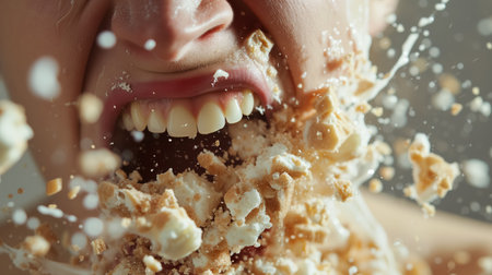 A close-up shot captures the dynamic moment of a person's mouth catching flying pieces of crumbled cake.の素材