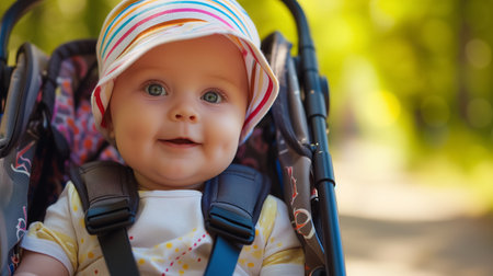 A smiling baby with big blue eyes, secured in a stroller, enjoys a sunny day outdoors while wearing a striped sunhat.の素材
