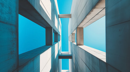 The striking geometry of a modern architectural structure features clean lines intersecting against a clear blue sky.の素材