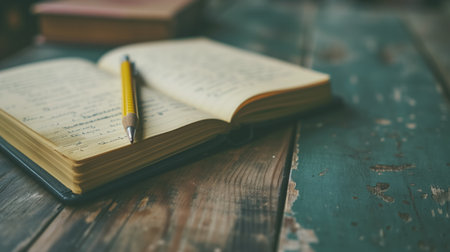 A close-up of an open notebook with handwriting, accompanied by a pencil on an old rustic wooden table, depicting a moment of inspiration.の素材