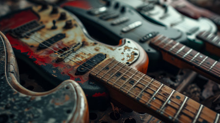 A collection of vintage electric guitars with worn finishes and detailing, side by side, evoking a sense of rock history.の素材