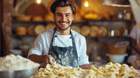 A cheerful young chef with a beaming smile making fresh pasta, surrounded by flour and kitchenware in a rustic kitchen.の素材