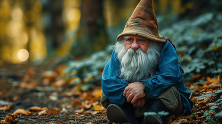 A whimsical fantasy figure with a long white beard and a pointed hat sits in a forest setting, reminiscent of a storybook gnome.の素材
