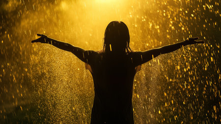 A person's silhouette stands with arms outstretched, embracing the golden rain shower, backlit by a warm light.の素材