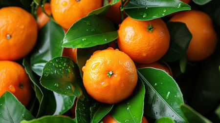 Ripe mandarins with vibrant orange peel, fresh green leaves, and water droplets captured in a close-up, highlighting their freshness and juicy appeal.の素材