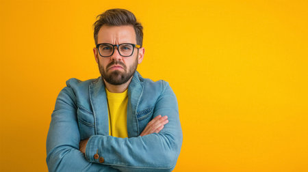 A man in a blue jacket and yellow shirt stands with arms crossed, glasses on, expressing skepticism or contemplation against a yellow background.の素材