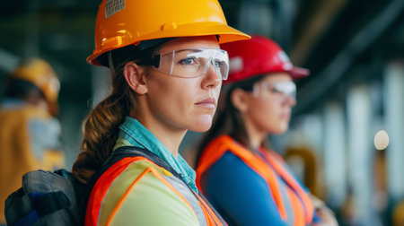 Focused female workers wearing safety helmets and reflective vests stand confidently at a construction site, representing professionalism in the field.の素材