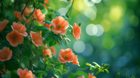 Lush orange blossoms focused in the foreground with a sun-kissed, bokeh effect in the background creating a dreamy garden scene.の素材