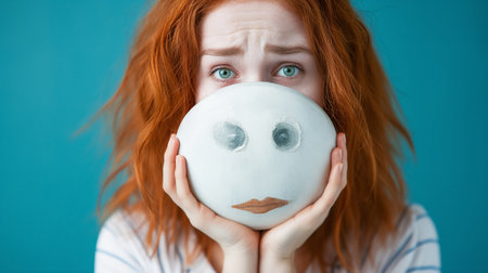 A young woman with red hair holds up a white balloon with a sad face drawn on it, covering her face, against a teal background.の素材