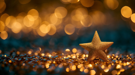 A solitary golden star shines against a backdrop of sparkling bokeh, creating a magical and festive atmosphere.の素材