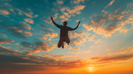 A silhouette of an ecstatic man leaping into the air with his arms and legs spread wide, set against a vibrant sunset sky.の素材