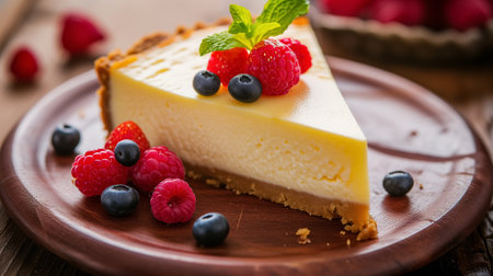 Delicious cheesecake topped with fresh raspberries and blueberries on a wooden plate, garnished with a mint leaf.の素材