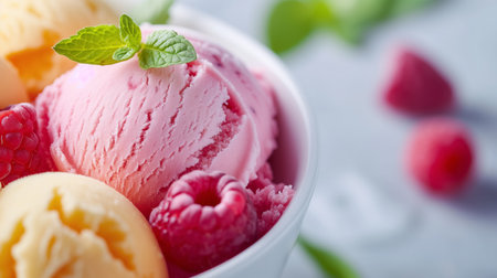 Pink and peach scoops of ice cream garnished with fresh raspberries and a mint leaf present a tempting summer treat.の素材