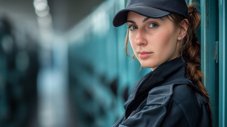 A contemplative young woman in a black cap and jacket leans against a school locker, gazing into the distance.の素材