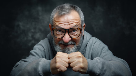 An older man with a beard, wearing glasses and a hoodie, playfully raises his fists in a mock fighting stance.の素材