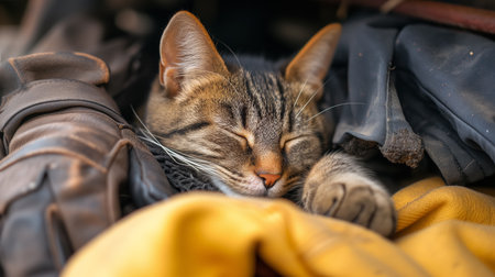 A cozy tabby cat comfortably snoozing atop a pile of worn gloves, with a peaceful expression on its face.の素材