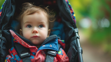 A young toddler with bright, curious eyes peers out from the safety of a colorful stroller, observing the world around.の素材