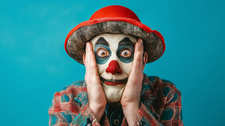 A person in clown makeup, wearing a red hat, holds their face in an exaggerated expression of surprise against a blue background.の素材