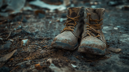 A pair of well-worn hiking boots abandoned on muddy ground, symbolizing the end of a journey or adventure.の素材