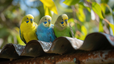 Trio of colorful budgerigars, also known as parakeets, perched side by side on a corrugated metal roof.の素材