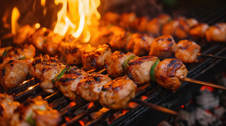 Juicy chicken skewers interlaced with vegetables grilling on a barbecue, with flames licking the succulent meat.の素材