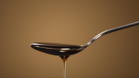 A close-up shot capturing the moment as viscous, dark syrup slowly drips from a silver spoon against a tan background.の素材