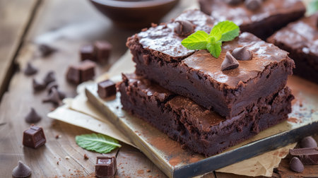 Gourmet chocolate brownies dusted with powdered sugar and garnished with fresh mint leaves on a rustic wooden board.の素材