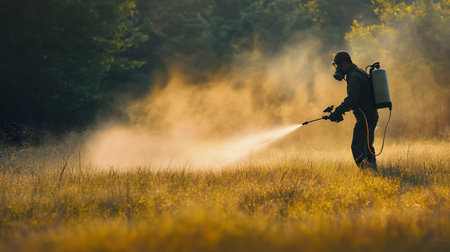 Agricultural worker in protective gear is spraying a field, the chemical mist catching the early morning light, creating a hazy atmosphere.の素材