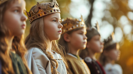 A line of children wearing regal crowns stand solemnly outdoors, with a focus on one pensive young girl.の素材