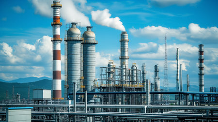 An expansive industrial plant with towering silos and stacks emitting steam into the clear blue sky, showcasing industry.の素材