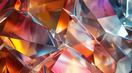 Close-up of multicolored crystal facets with a sparkling effect, reflecting light to show a spectrum of vibrant colors.の素材