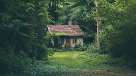 A quaint, old cottage with a tiled roof sits in a serene clearing surrounded by the dense greenery of a peaceful forest.の素材