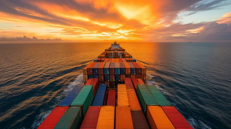 A large cargo ship laden with rows of colorful containers travels across the ocean against a dramatic sunset backdrop.の素材
