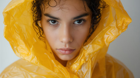 A contemplative young woman wearing a bright yellow raincoat, her deep gaze and wet curls evoke a mood of introspection.の素材