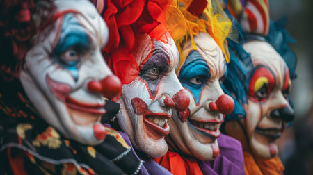 A row of clowns with exaggerated makeup and colorful wigs display a variety of expressions, from joy to malice, in a dramatic display.の素材