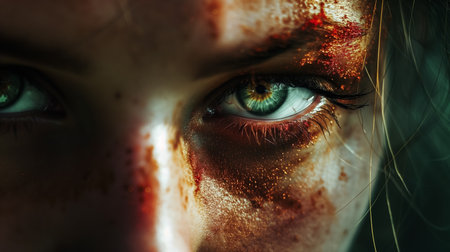 A close-up image of a person's face with one eye covered in blood and dirt, conveying a sense of urgency or injury with vivid green eyes.の素材