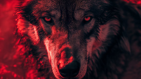 An imposing wolf stars out with piercing eyes against a backdrop of deep red and orange, evoking a sense of wild fierceness.の素材