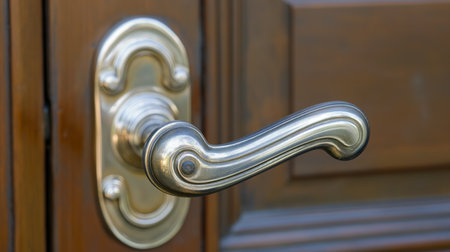 A close-up view of a stylish, metallic door handle on a richly stained wooden door, symbolizing privacy and security.の素材