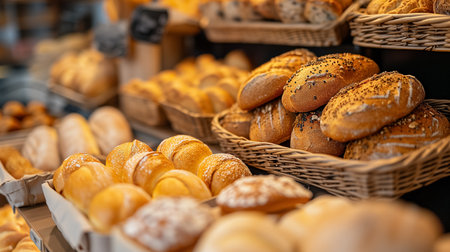 A delectable display of various types of freshly baked bread arranged in wicker baskets, highlighting artisanal bakery craftsmanship.の素材