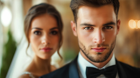 An intimate portrait of a bride and groom on their wedding day, with a soft focus on their determined and loving expressions.の素材