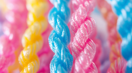 Vibrant macro shot capturing the intricate pattern and texture of multi-colored twisted ropes, emphasizing their intertwined strength.の素材
